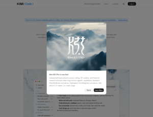 Kimi Code product page describing Kimi Code as an AI coding agent and CLI tool available on desktop, terminal and IDE plugins, titled Kimi Code with Kimi K3