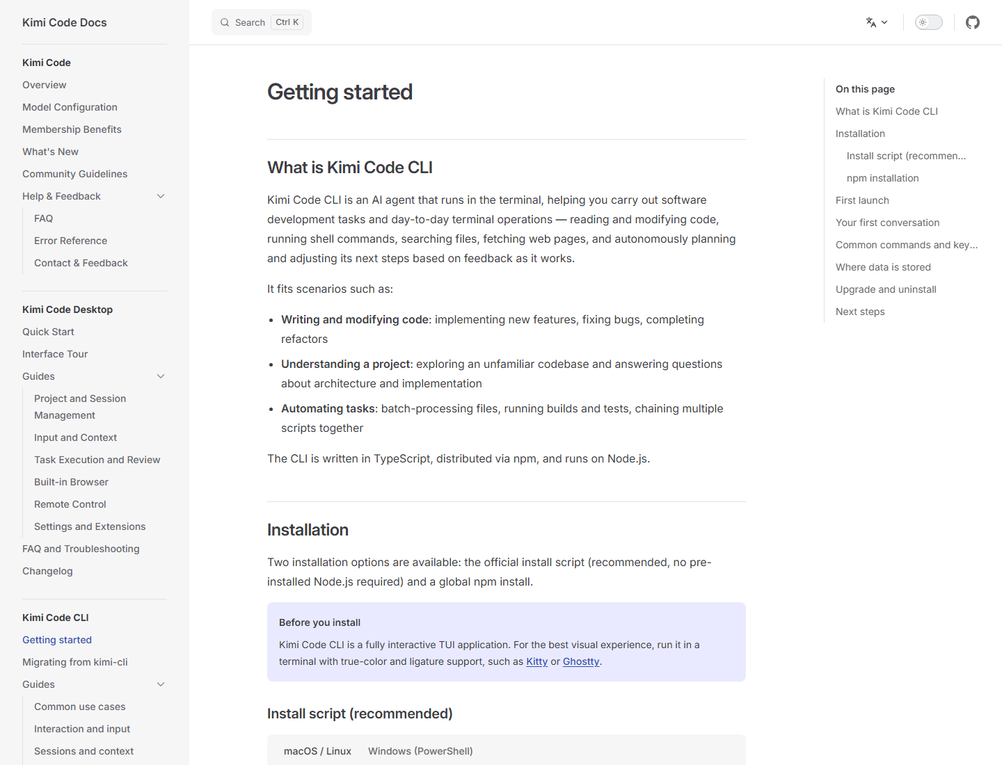Kimi Code CLI getting-started documentation page showing the install and login instructions for the terminal agent